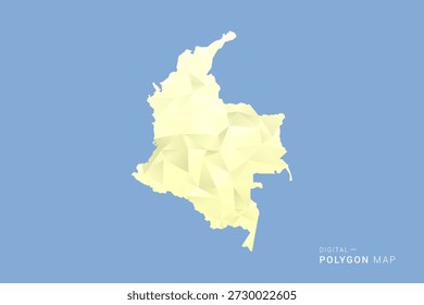Mapa de Colombia en estilo de Vector de polígono bajo, ilustración de forma geométrica con tonos amarillos suaves sobre fondo azul, silueta limpia para infografía.