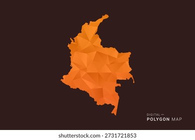 Mapa de Colombia - Vector de bajo polígono polivinílico, silueta geométrica triangulada en tonos naranja y marrón oscuro, estilo infográfico moderno limpio, fondo aislado.