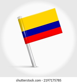 Colombia map pin flag icon. Colombian pennant map marker on a metal needle. 3D realistic vector illustration.