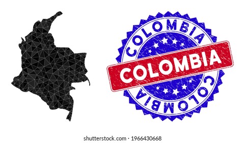 Colombia map polygonal mesh with filled triangles, and rough bicolor stamp imitation. Triangle mosaic Colombia map with mesh vector model, triangles have variable sizes, and positions, and color hues.