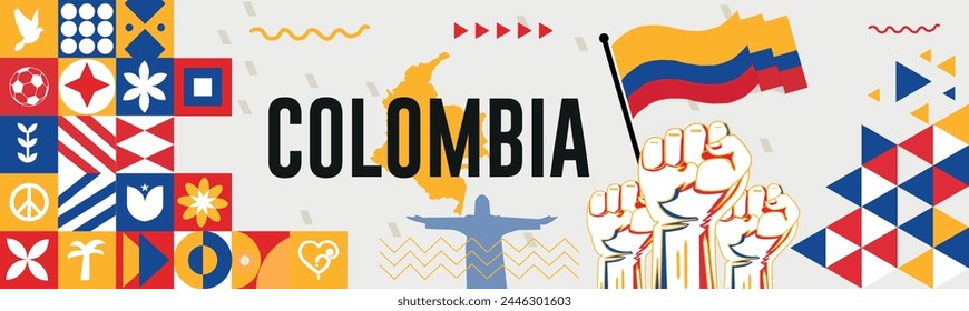 COLOMBIA Map and raised fists. National day or Independence day design for COLOMBIA celebration. Modern retro design with abstract icons. Vector illustration.