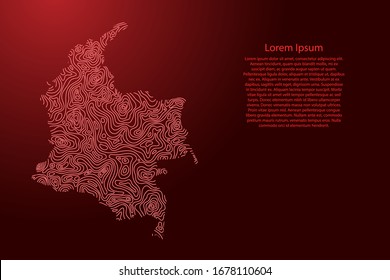 Colombia map from red isolines or level line geographic topographic map grid. Vector illustration.