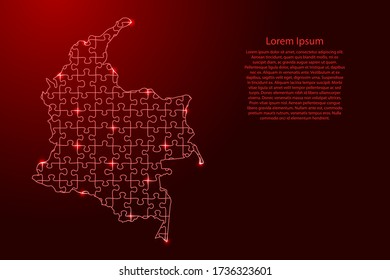 Colombia map from red pattern from composed puzzles and glowing space stars. Vector illustration.