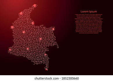 Colombia map from red pattern of the maze grid and glowing space stars grid. Vector illustration.
