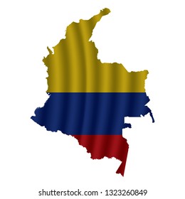 Colombia map with rippled flag on white illustration. Waving Fabric Flag Map of Colombia. Map of South America. Vector White Background. Vector illustration eps10.