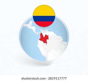 Colombia Map with Round Colombia Flag Pin Pointer on Circular Globe. Vector map icon.