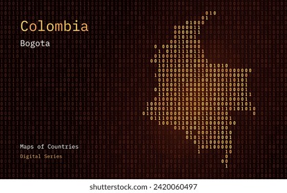 Colombia Map Shown in Binary Code Pattern. TSMC. Green Matrix numbers, zero, one. World Countries Vector Maps. Digital Series