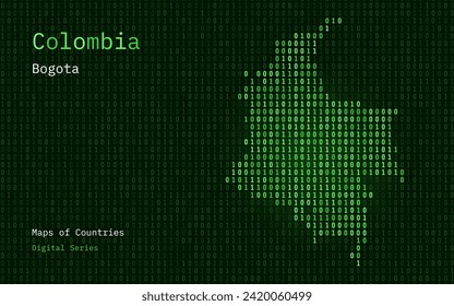 Colombia Map Shown in Binary Code Pattern. TSMC. Green Matrix numbers, zero, one. World Countries Vector Maps. Digital Series