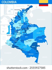 Colombia Map Vector Blue Spot - Customizable layered political map of Colombia with administrative divisions for website, education, reports, news, politics, print, poster and wallpaper