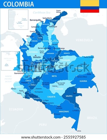 Colombia Map Vector Blue Spot - Customizable layered political map of Colombia with administrative divisions for website, education, reports, news, politics, print, poster and wallpaper