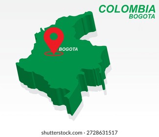 Colombia Mapa Vector, Bogotá Capital Marker on Green 3D Country Shape, Colombia Diseño de Infografía, Puntero de Destino Editable Colombia Geografía