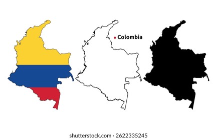 Colombia Map Vetor - Contorno do País, Bandeira Inside Map, Versão em Branco e Silhueta