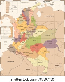 Colombia Map - Vintage High Detailed Vector Illustration
