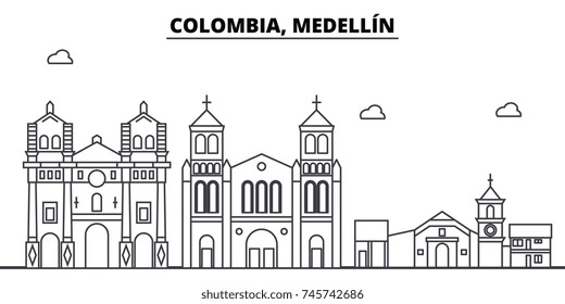 Colombia, Medellin architecture skyline buildings, silhouette, outline landscape, landmarks. Editable strokes. Urban skyline illustration. Flat design vector, line concept