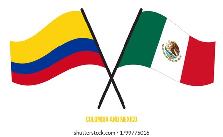Colombia and Mexico Flags Crossed And Waving Flat Style. Official Proportion. Correct Colors.