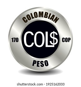 Colombia money icon isolated on round silver coin. Vector sign of currency symbol with international ISO code and abbreviation