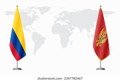 Colombia and Montenegro flags for official meeting against background of world map.