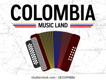 Colombia music land with a clombian flag accordion colors and 
worn out effect at background. Colombian and latin american culture concept