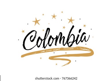 Colombia. Name country word text card, banner script. Beautiful typography inscription greeting calligraphy poster black, gold ribbon, star. Handwritten design modern brush lettering isolated vector