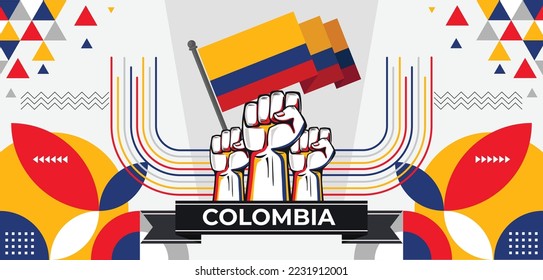 Colombia national day banner with Colombian flag colors theme background and geometric abstract retro modern blue red yellow design. Colombian people. Sports Games Supporters Vector Illustration.