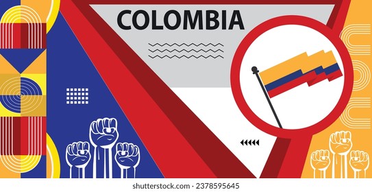 Banner del Día Nacional de Colombia, diseño geométrico amarillo rojo azul. Colombianos. Partidarios de los juegos deportivos, ilustración vectorial...