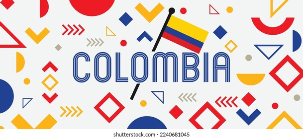 Colombia national day banner with flag colors theme background and geometric abstract Memphis style retro modern blue red yellow design. Colombian theme. Bogota Vector Illustration.