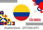 Colombia national day banner with map, flag colors theme background and geometric abstract retro modern blue red yellow design.