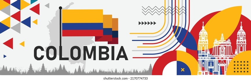 Kolumbien Nationaltagsbanner mit Karte, Fahnenfarben Hintergrund und geometrisch abstraktes Retro-modernes, blau-gelbes Design. Kolumbianisches Thema. Bogota-Vektorgrafik.