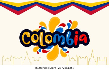 Colombia national day banner with map, flag colors theme background and geometric abstract retro modern blue red yellow design.