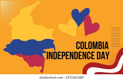 Colombia national day banner with map, flag colors theme background and geometric abstract retro modern blue red yellow design.