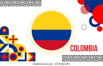 Colombia national day banner with map, flag colors theme background and geometric abstract retro modern blue red yellow design.