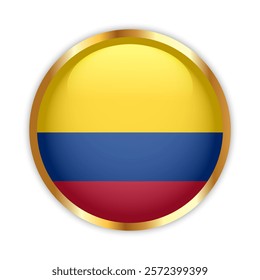 Colombia national flag button with golden frame. Colombia round badge icon. Vector illustration