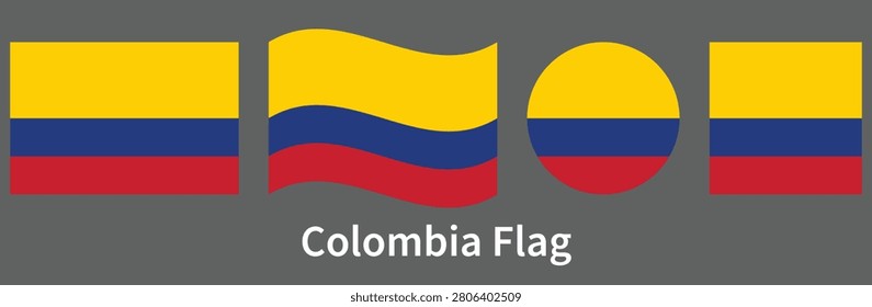 Colombia National Flag Collection with Flat, Waving, Round and Square Flag Icons Vector Illustration