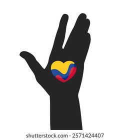 Colombia national flag heart in open hand silhouette. Vector illustration