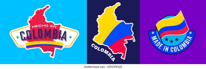 Colombia national flag and shield, icons set, sticker, made in Colombia, map, vector illustration, symbol, sign, collection, latin america, silhouette, symbolic, emblem, identity, nation.  