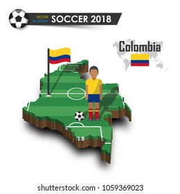 Colombia national soccer team . Football player and flag on 3d design country map . isolated background . Vector for international world championship tournament 2018 concept .