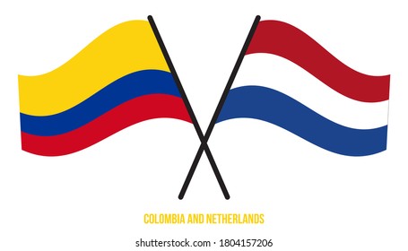 Colombia and Netherlands Flags Crossed And Waving Flat Style. Official Proportion. Correct Colors.