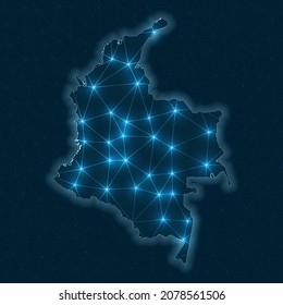 Mapa de la red de Colombia. Mapa geométrico abstracto del país. Conexiones digitales y diseño de telecomunicaciones. Red de Internet brillante. Magnífica ilustración vectorial.