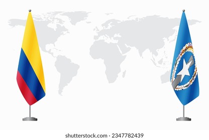 Colombia and Northern Mariana Islands flags for official meeting against background of world map.
