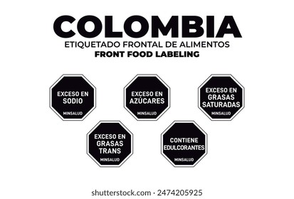 Colombia. Nutrition warning stamp system. Front food labeling. Octagons. Excess sugars, total fats, saturated fats, sodium, calories, sweeteners, caffeine.