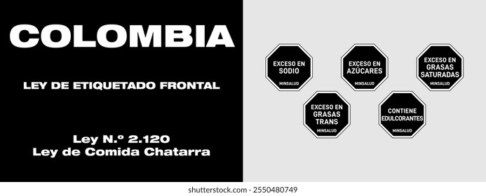 Colombia. Sistema de sellos de advertencia nutricional. Etiquetado frontal de los alimentos. Octógonos. Exceso de azúcares, grasas totales, grasas saturadas, sodio, calorías, edulcorantes, cafeína.