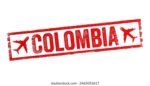 Colombia - officially the Republic of Colombia, is a country primarily located in South America with insular regions in North America, text emblem stamp with airplane