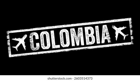 Colombia - officially the Republic of Colombia, is a country primarily located in South America with insular regions in North America, text emblem stamp with airplane