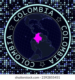 Colombia on globe vector. Futuristic satellite view of the world centered on Colombia. Geographical illustration with shape of country and squares background. Bright neon colors on dark background.