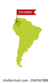 Colombia on an South America s map with word Colombia on a flag-shaped marker. Vector isolated on white.