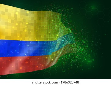 Colombia, sobre la bandera vectorial 3d sobre fondo verde con polígonos y números de datos