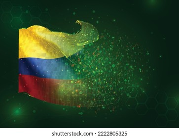 Colombia, sobre la bandera vectorial 3d sobre fondo verde con polígonos y números de datos