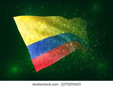 Colombia, on vector 3d flag on green background with polygons and data numbers