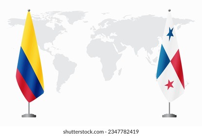 Colombia and Panama flags for official meeting against background of world map.