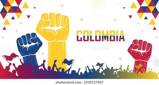 Banner patriota da Colômbia, punho levantado, mãos humanas, multidão de pessoas torcendo, celebração da vitória, combinação de cores da bandeira, projeto de fundo abstrato geométrico, greve, desfile, motim, protesto ou comício